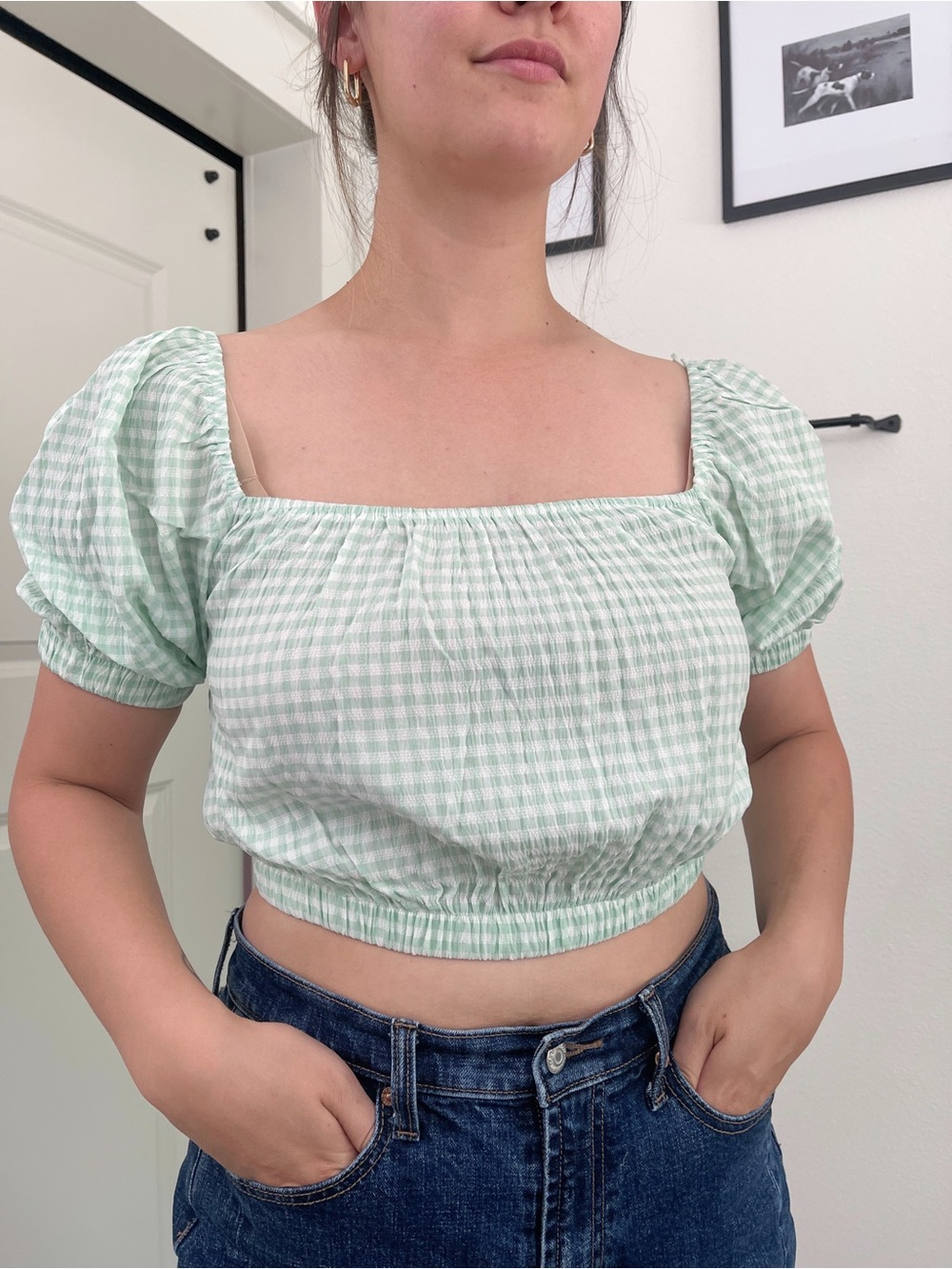 NWT 🏷️ Elodie by Anthropologie Mint Gingham Square-Neck Puff Sleeve Crop Top - Picture 3 of 6